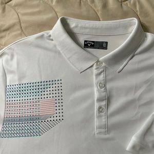 Mens Calaway xl white golf polo with teal and coral print design on Right side